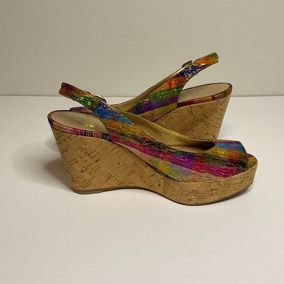 Stuart Weitzman Jean Winsel Tinsel Slingback Espadrille Wedge Sandals Sz 7.5M - Picture 4 of 9